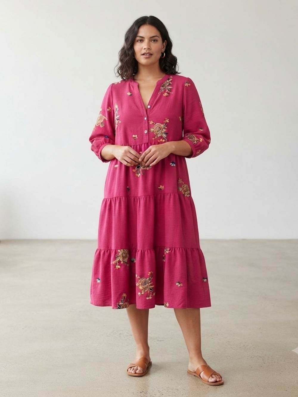 Anthropologie Fig and flower Magenta Floral Tiered Midi Dress Sz Medium